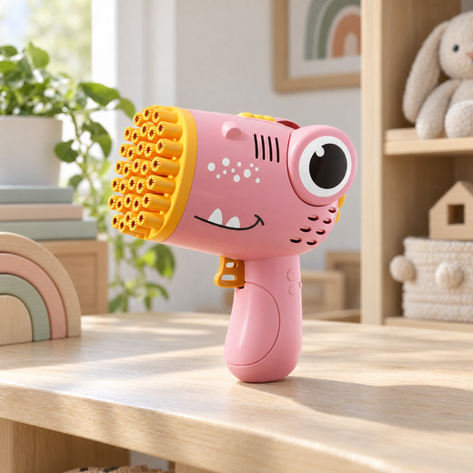 Rosa dinosaurie-bubbelmaskin med orange bricka på ett träbord i ett lugnt lekrum