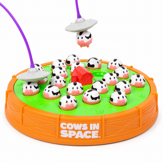 Cows In Space med orange spelbas, grönt spelfält, röd lada, kor och två lila UFO-pannband på ljus bakgrund