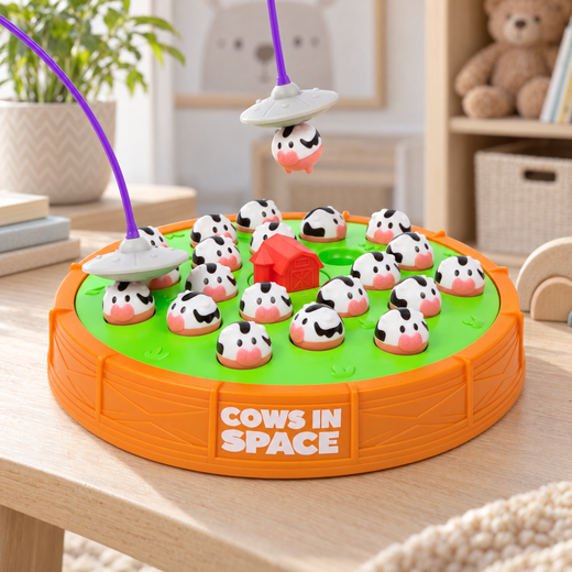 Cows In Space med kor och UFO-pannband på ett skandinaviskt träbord i lekrumsmiljö