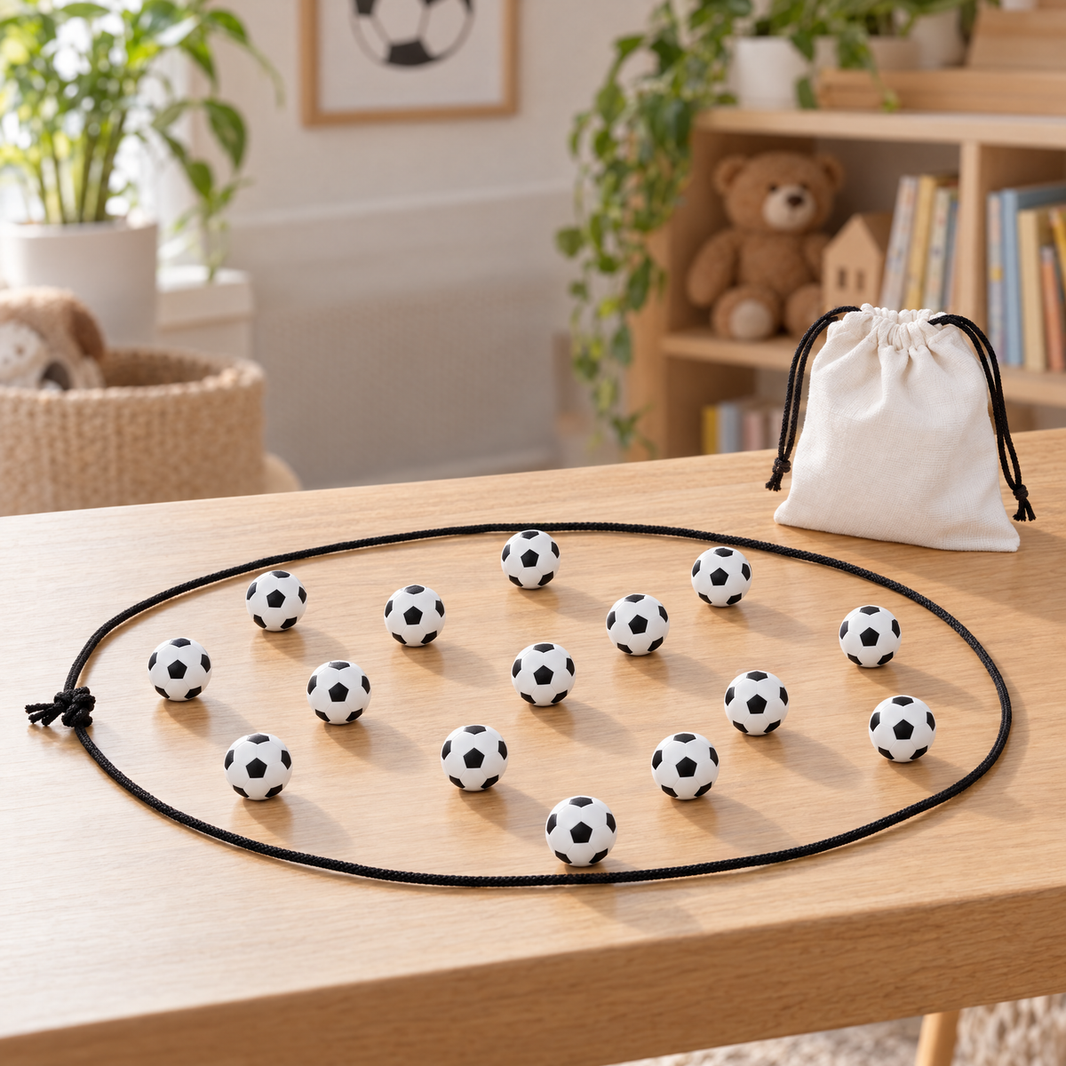 Magnetiskt fotbollsspel med bollar och spelrep på ett träbord i lugn lekrumsmiljö