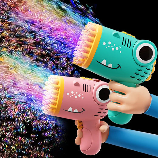 Rosa och grön dinosaurieformad bubbelmaskin
